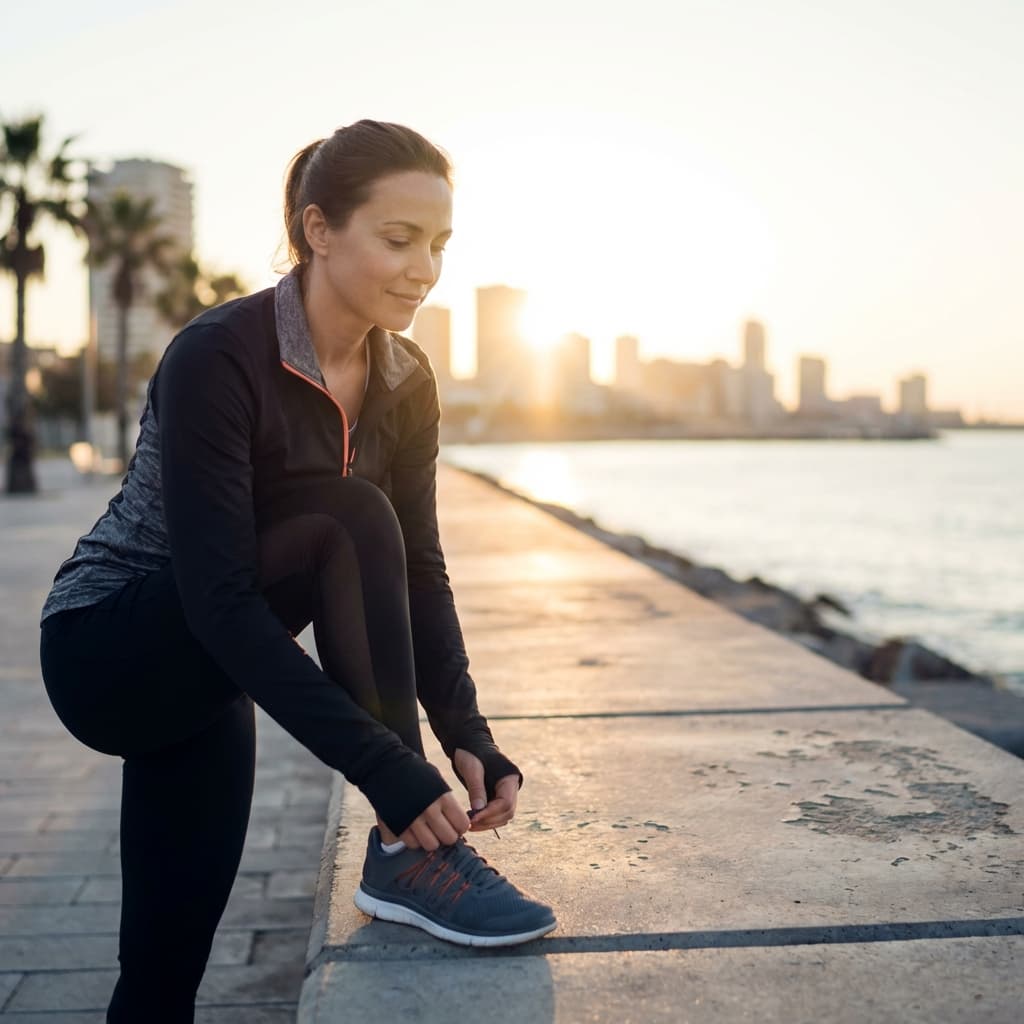 Corredora amarrando o tênis ao nascer do sol em um calçadão moderno
