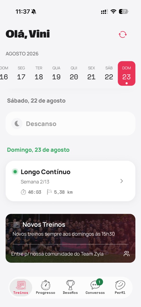 Tela de treinos Zyla